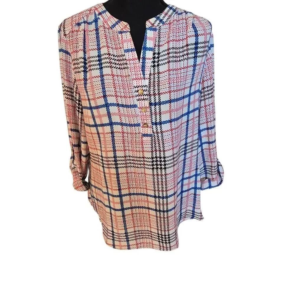 Zac & Rachel Womens Multicolor Pastel Plaid Tunic Blouse LP